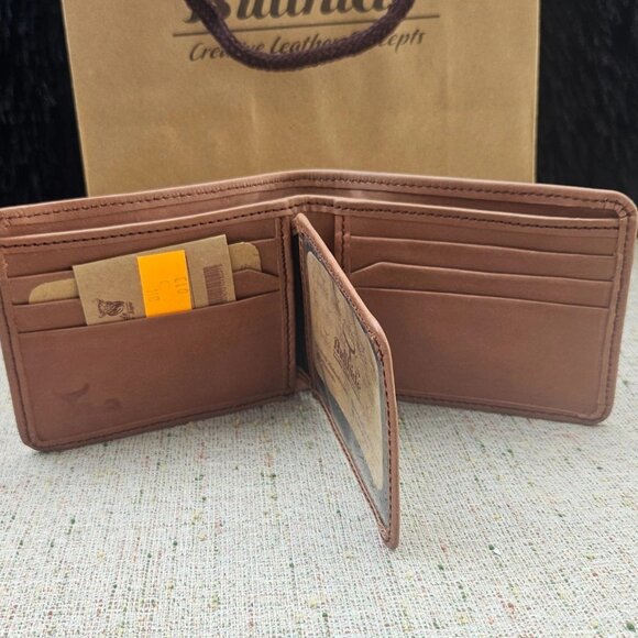 Wallet Cardholder Handmade Billfold Tan Genuine Leather Bi fold Purse New in box - Picture 3 of 13